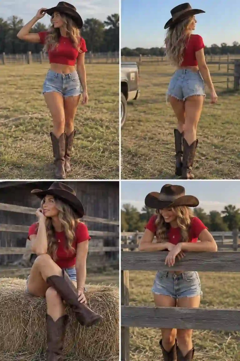 Three summer western shorts outfits for women: denim cutoffs with a tucked tank and tall boots, tailored shorts with ankle boots, and distressed shorts with a plaid shirt tied at the waist