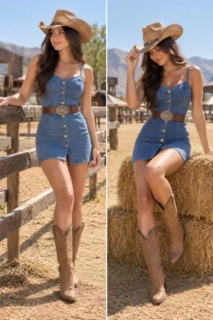 Western Outfits for Women in Summer: How to Do the Cowgirl Look Without Melting 3 A woman in denim shorts, white tank, straw hat and brown ankle boots at an outdoor country festival