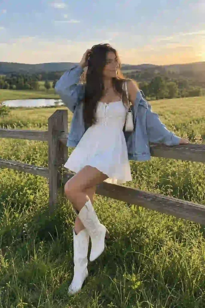 Western Outfits for Women for a Summer Photoshoot: What Photographs Best 2 A woman in a flowy earth-toned dress and wide-brim hat holding the skirt out, backlit by golden-hour light in an open field