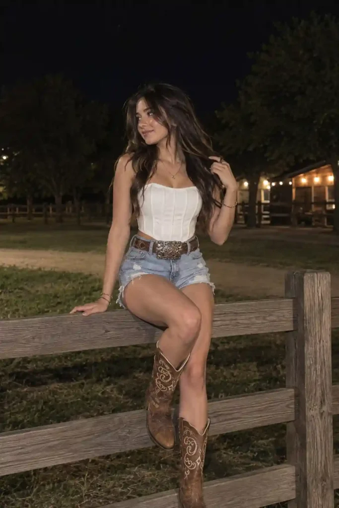 Western Outfits for Women with Summer Shorts: How to Style Shorts and Boots 2 A woman in high-waisted denim cutoffs, a plaid shirt tied at the waist, tan cowboy boots and a straw hat outdoors in summer