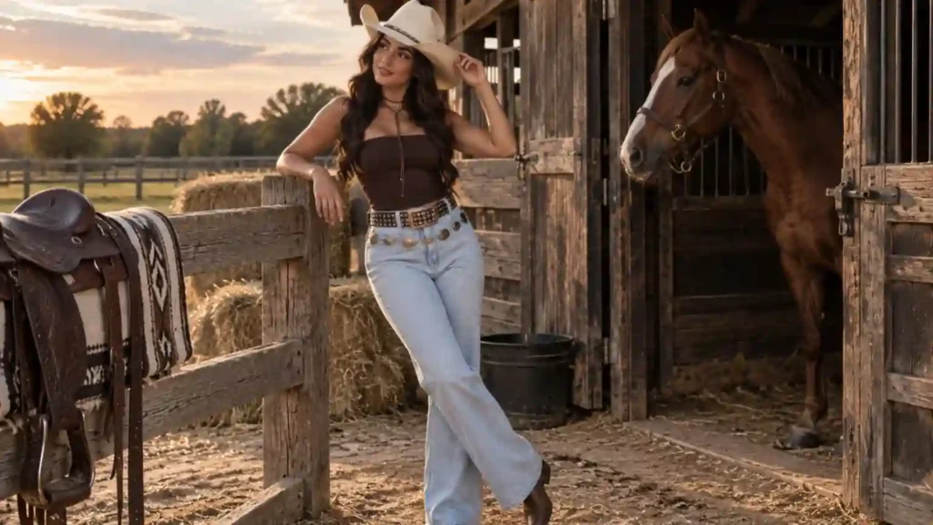 Western Outfits for Women with Summer Tank Tops: How to Style Them 1 A woman in a white ribbed tank tucked into high-waisted denim shorts with a tooled belt, brown boots and a straw hat outdoors in summer