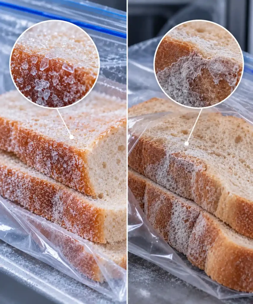 Eiskristalle auf gefrorenem Brot im Vergleich zu Gefrierbrand