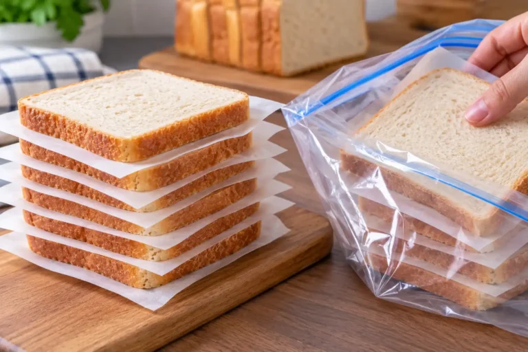 Brotscheiben im Gefrierbeutel bereit zum Einfrieren