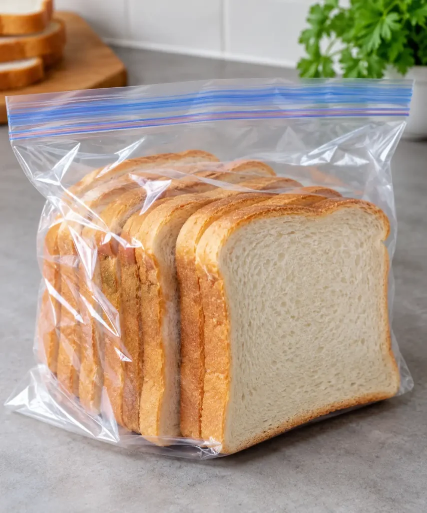 Brotscheiben mit Backpapier getrennt vor dem Einfrieren