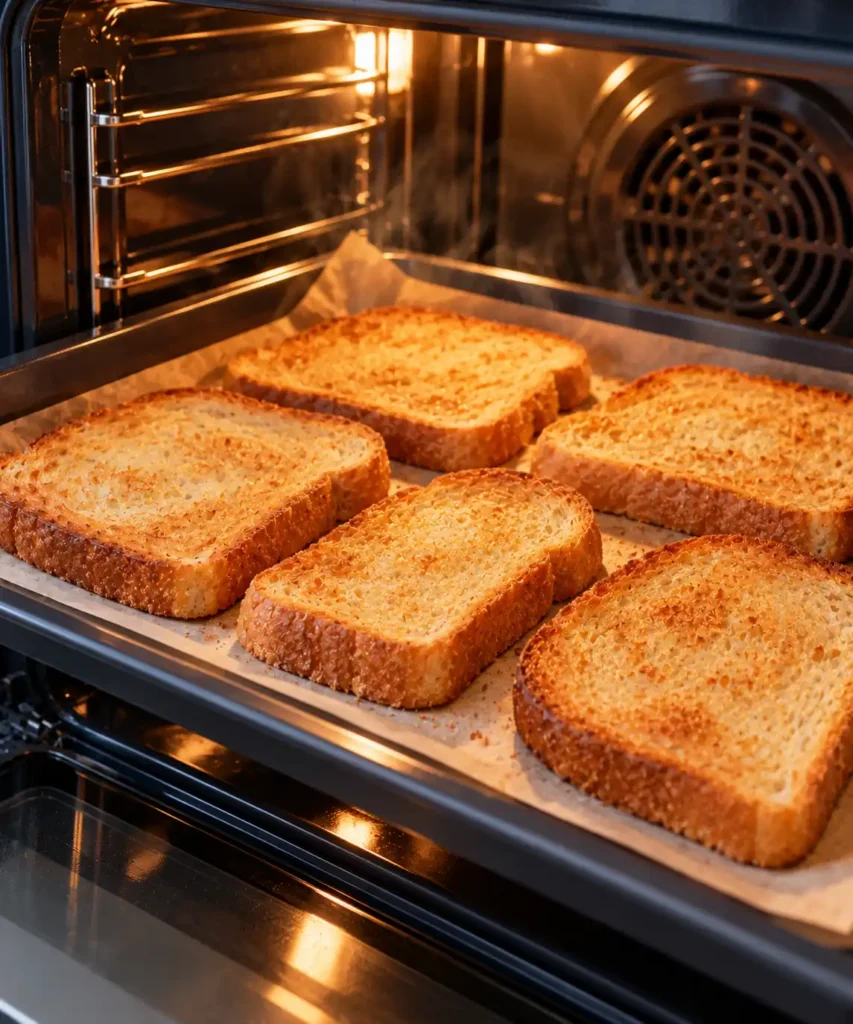 Aufgetautes Brot wird im Backofen knusprig aufgebacken